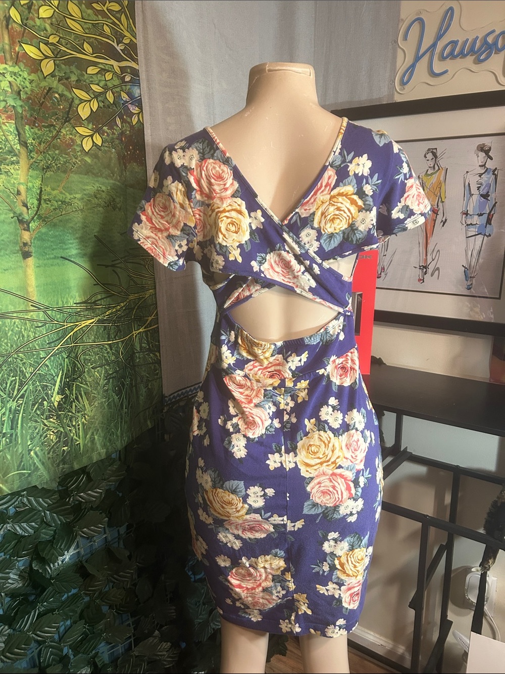Forever 21 Navy Blue Floral Cutout Mini Dress